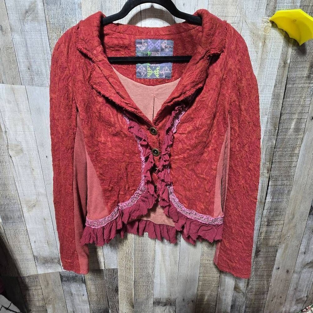 Free People  FP Burgundy Lace Regency Renaissance  Ruffle Frill Jacket